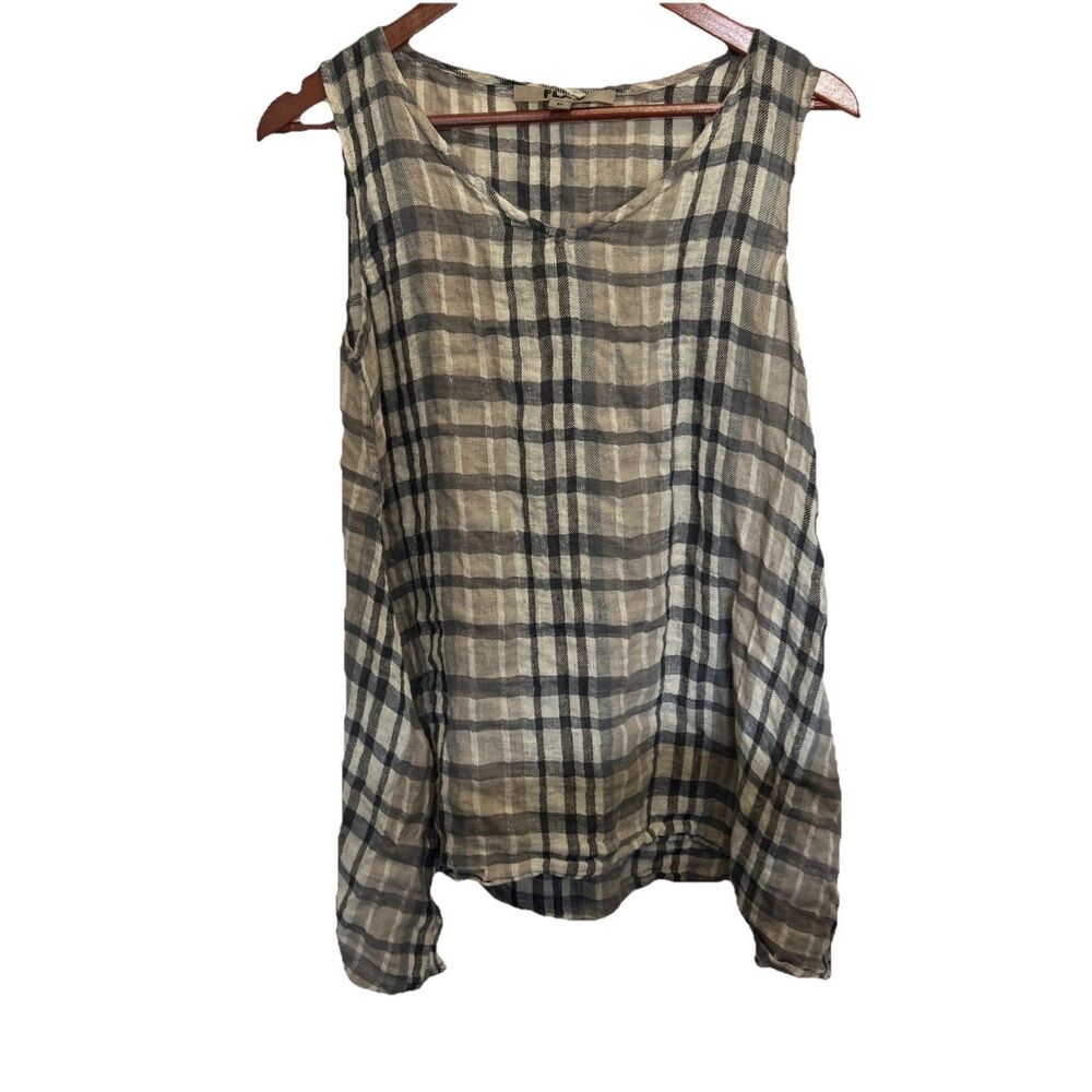 Flax Designs Linen Artistic Tunic Plaid Oversize Size Small P Brown